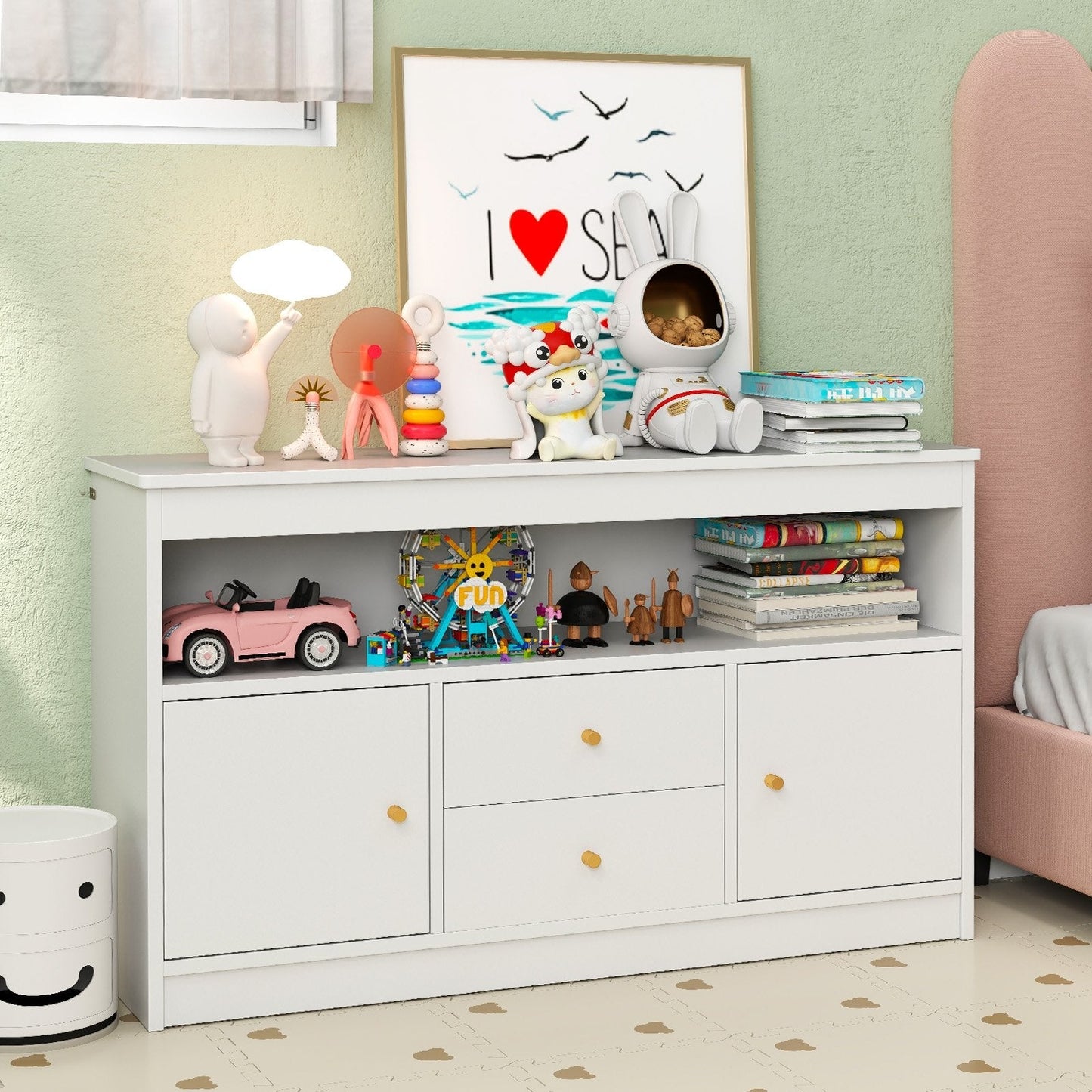 Kids Toy Storage Organizer with Open Shelf and 2 Drawers for Playroom-Natural (Assembled)