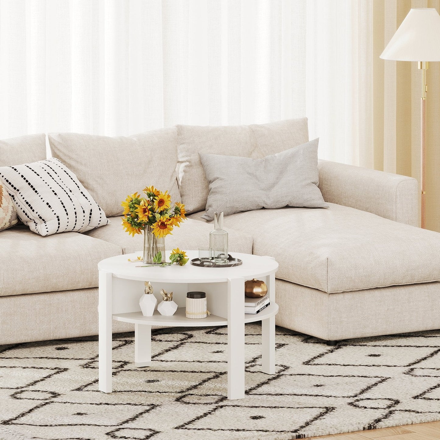 29.5 Inch Round Coffee Table with Storage Shelves for Small Space-White