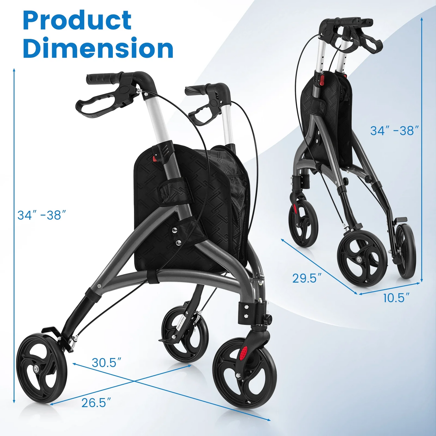 Folding Aluminum Rollator Lightweight Medical Walker-Grey, fully assembled