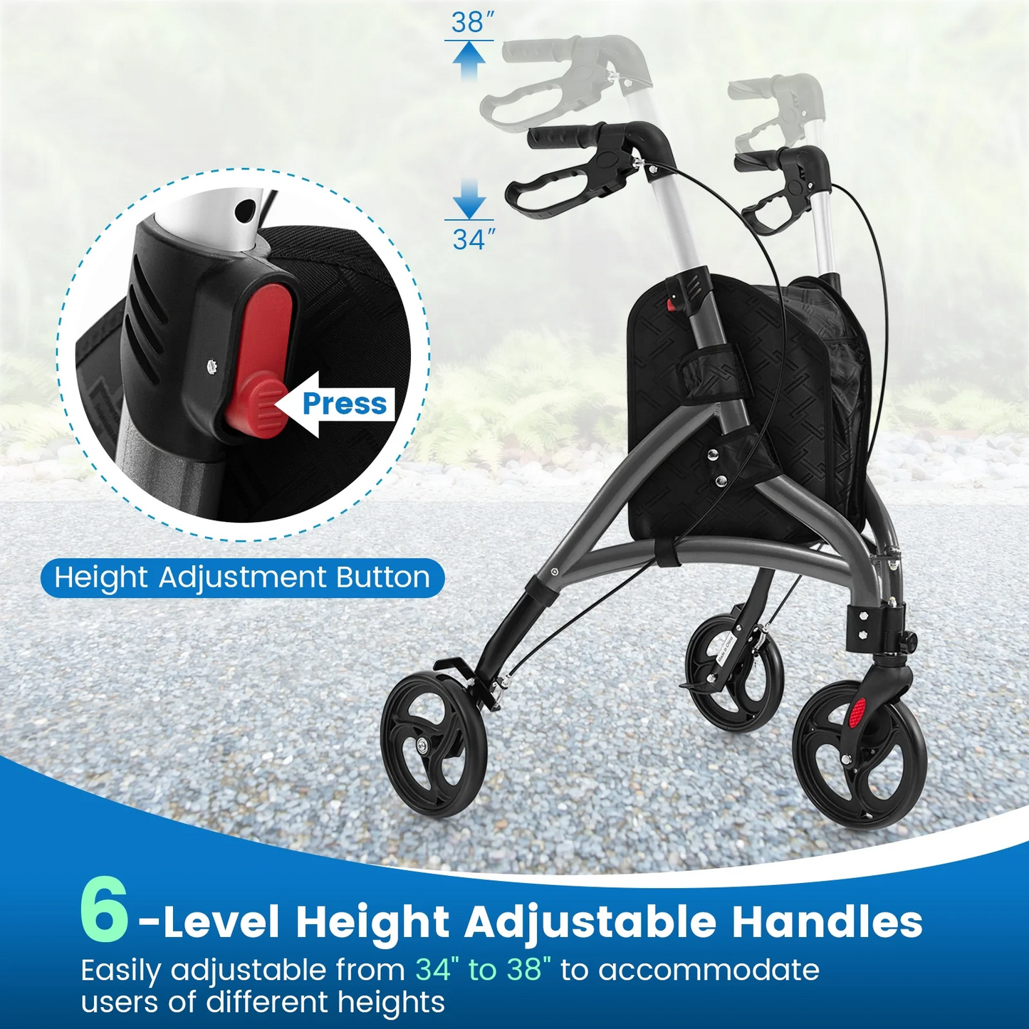 Folding Aluminum Rollator Lightweight Medical Walker-Grey, fully assembled