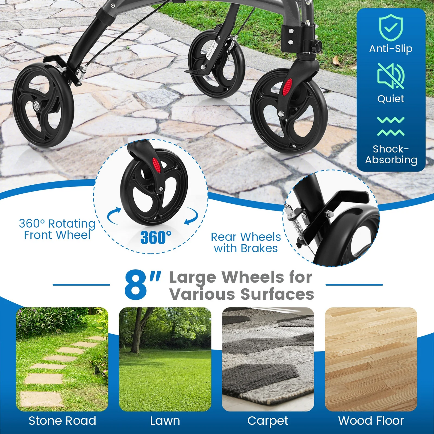 Folding Aluminum Rollator Lightweight Medical Walker-Grey, fully assembled