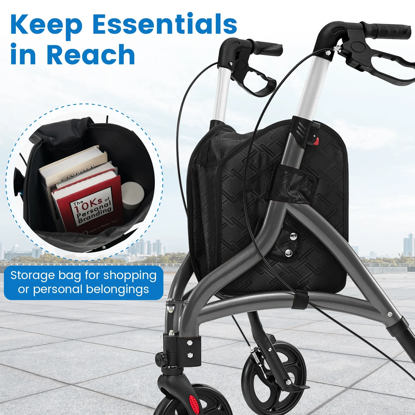 Folding Aluminum Rollator Lightweight Medical Walker-Grey, fully assembled