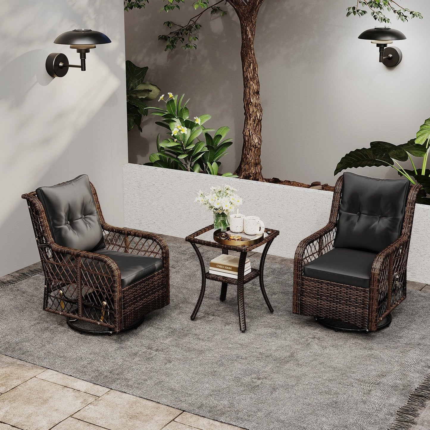 3 Pieces Patio Furniture Set PE Wicker Swivel Glider Chairs with 2-Tier Side Table and Cushions-Black (Assembled)