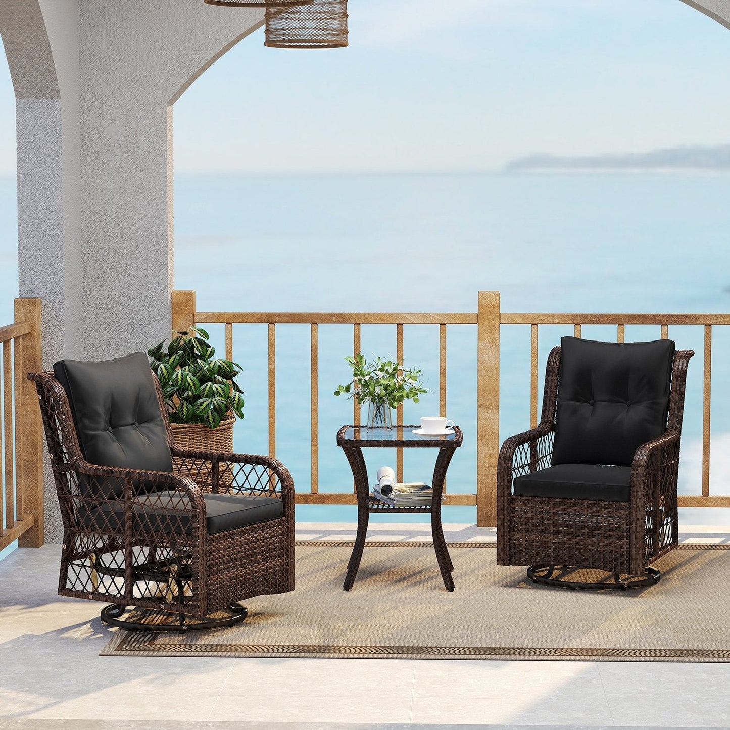 3 Pieces Patio Furniture Set PE Wicker Swivel Glider Chairs with 2-Tier Side Table and Cushions-Black (Assembled)