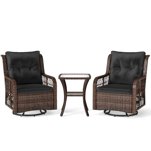 3 Pieces Patio Furniture Set PE Wicker Swivel Glider Chairs with 2-Tier Side Table and Cushions-Black (Assembled)