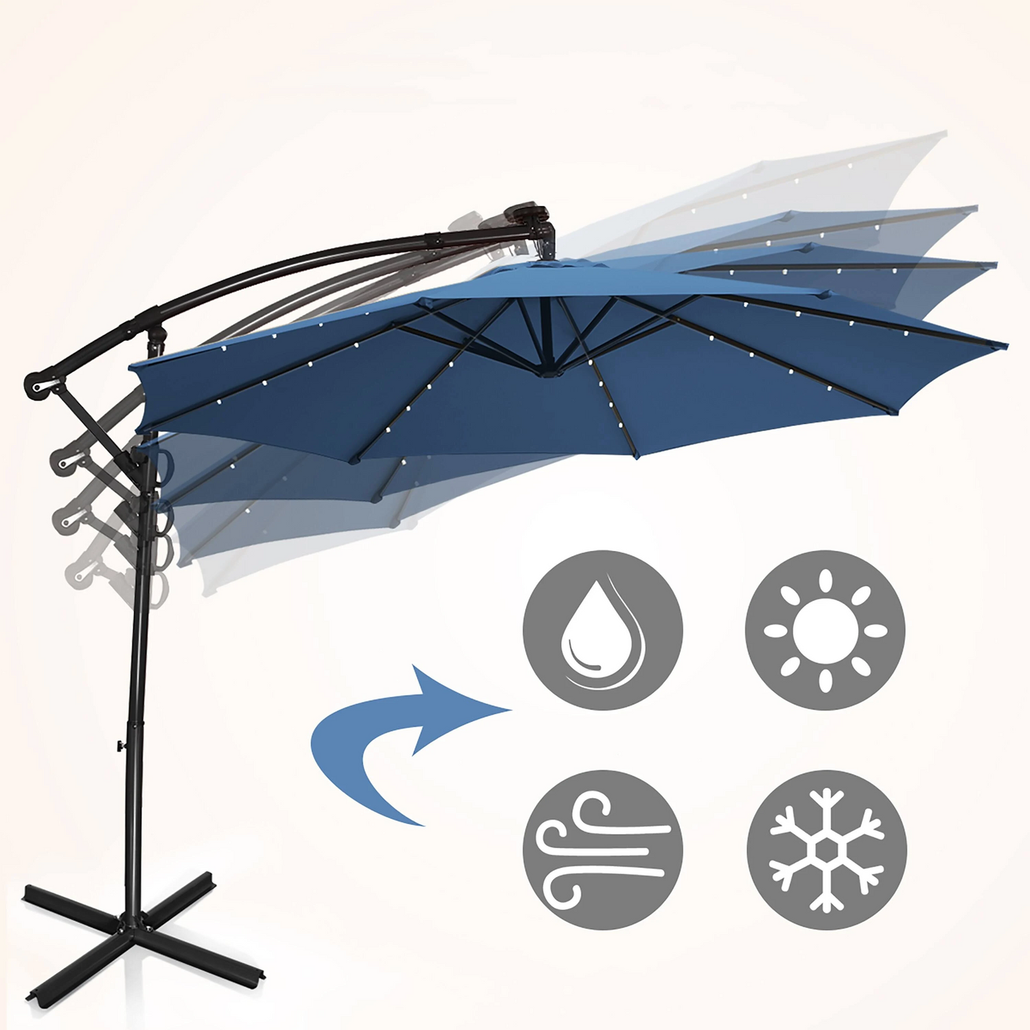 10 Feet Patio Offset Umbrella with 32 Solar-Powered LED Lights-Navy-1 box, unassembled
