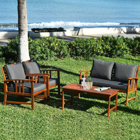 *SPECIAL NO TAX* 4 Pieces Wooden Patio Sofa Chair Set with Cushion *FULLY ASSEMBLED*SCRATCH & DENT*