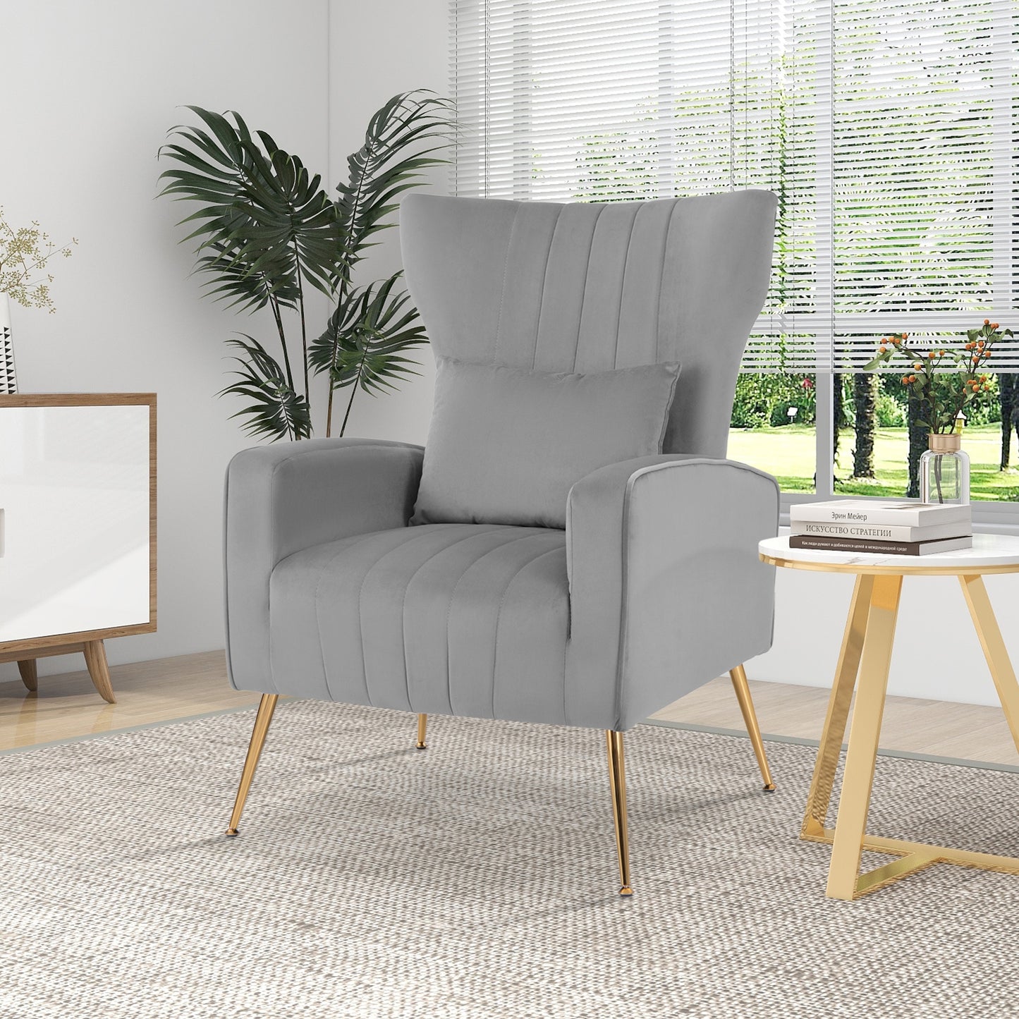 Velvet Upholstered Wingback Chair with Lumbar Pillow-Gray (Scratch and Dent)