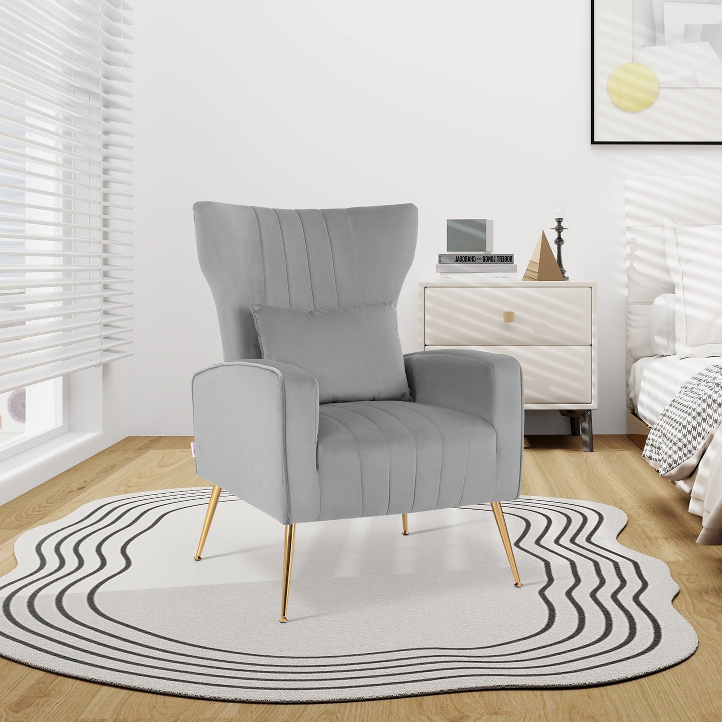 Velvet Upholstered Wingback Chair with Lumbar Pillow-Gray (Scratch and Dent)