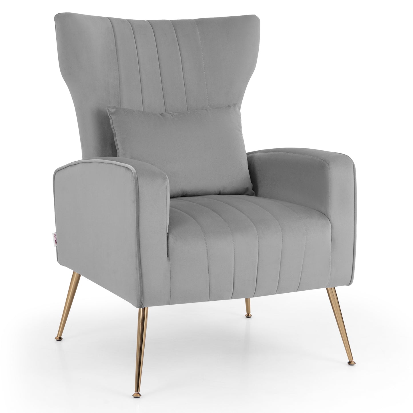 Velvet Upholstered Wingback Chair with Lumbar Pillow-Gray (Scratch and Dent)