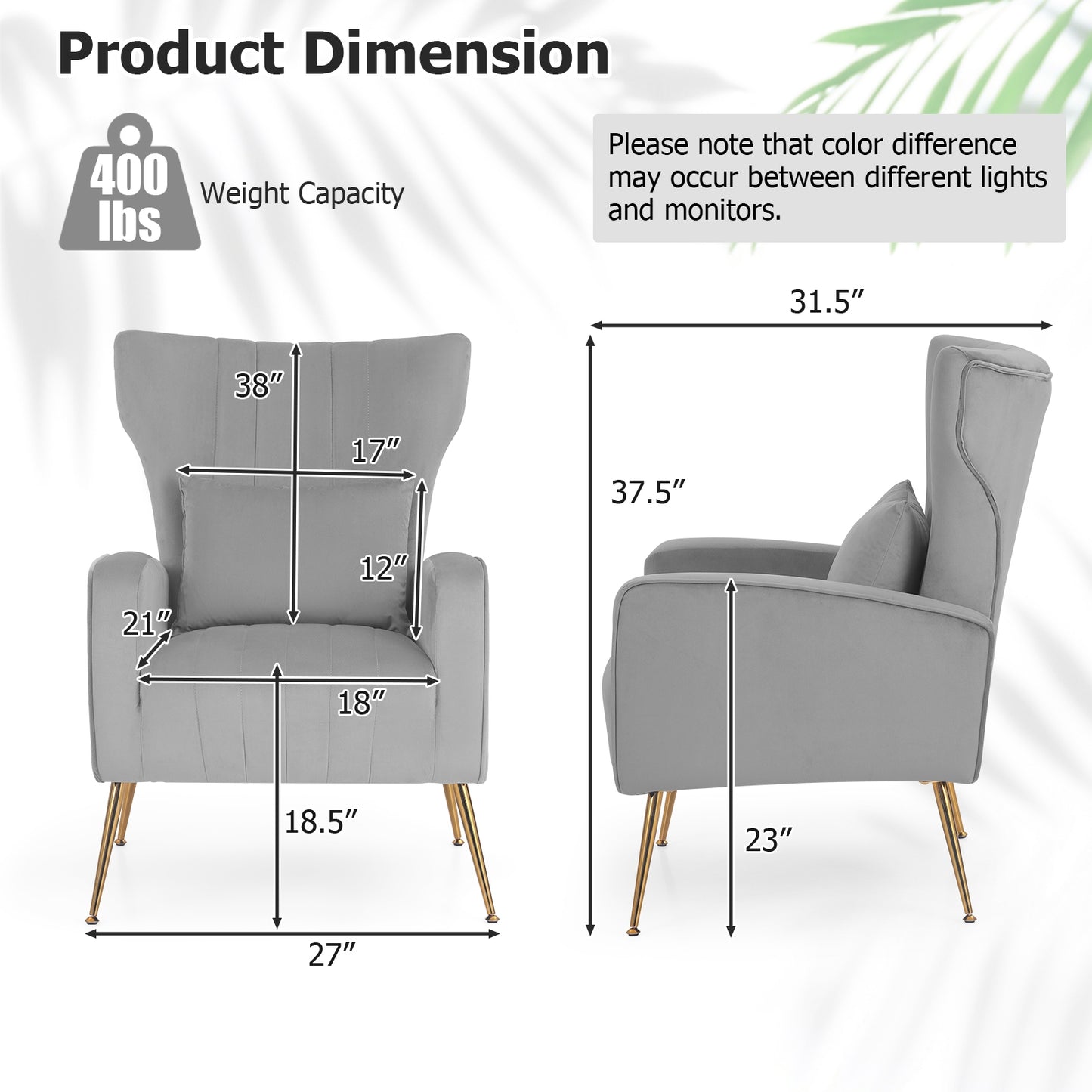 Velvet Upholstered Wingback Chair with Lumbar Pillow-Gray (Scratch and Dent)
