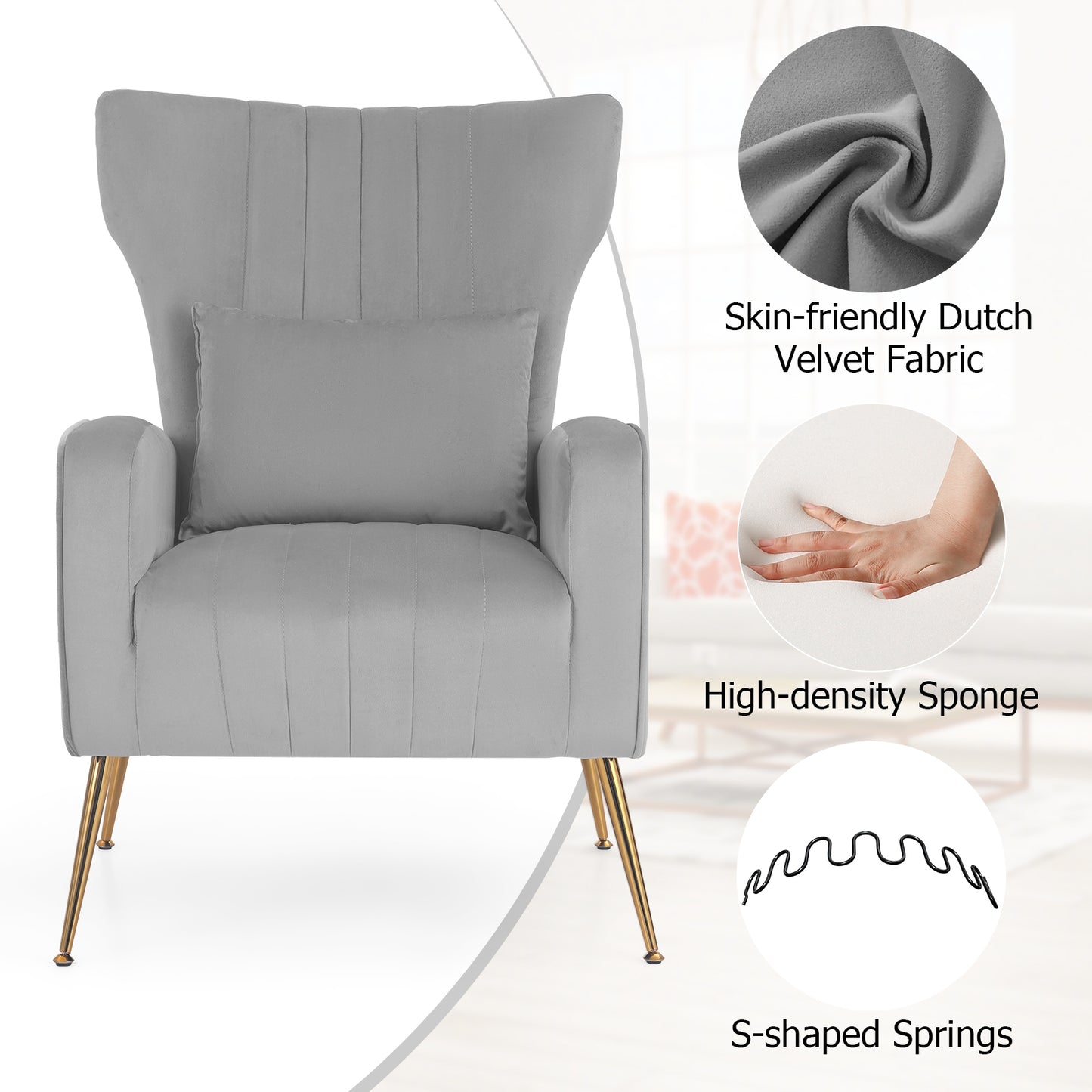 Velvet Upholstered Wingback Chair with Lumbar Pillow-Gray (Scratch and Dent)