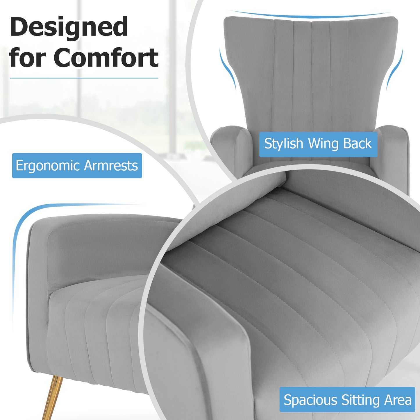 Velvet Upholstered Wingback Chair with Lumbar Pillow-Gray (Scratch and Dent)