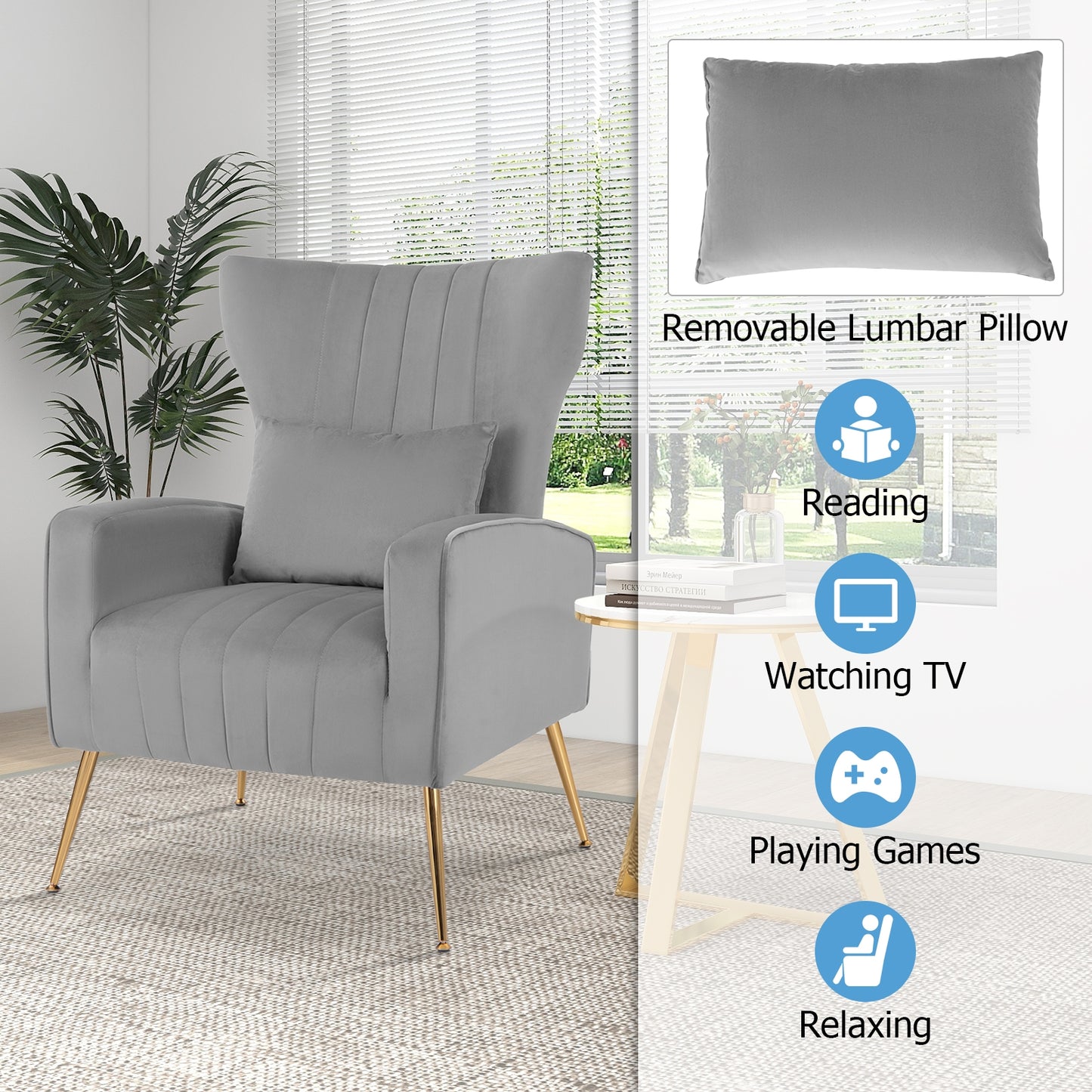 Velvet Upholstered Wingback Chair with Lumbar Pillow-Gray (Scratch and Dent)