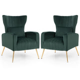 Velvet Upholstered Wingback Chair with Lumbar Pillow and Golden Metal Legs-GREEN