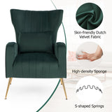 Velvet Upholstered Wingback Chair with Lumbar Pillow and Golden Metal Legs-GREEN