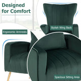 Velvet Upholstered Wingback Chair with Lumbar Pillow and Golden Metal Legs-GREEN