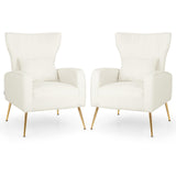 Velvet Upholstered Wingback Chair with Lumbar Pillow and Golden Metal Legs-White