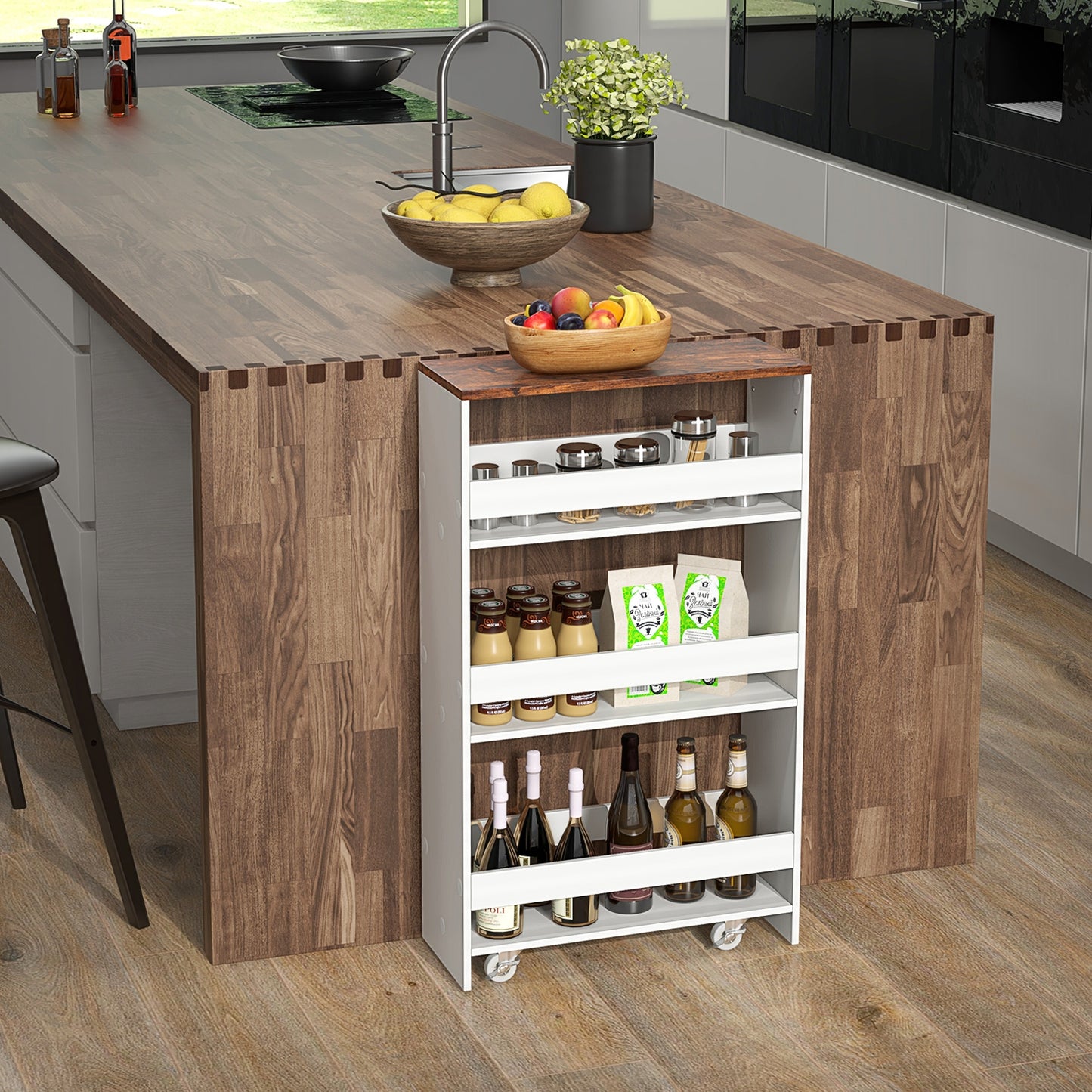 4-Tier Rolling Storage Cart Slim Kitchen Cart on Wheels with Open Shelves and Handle-Rustic Brown & White