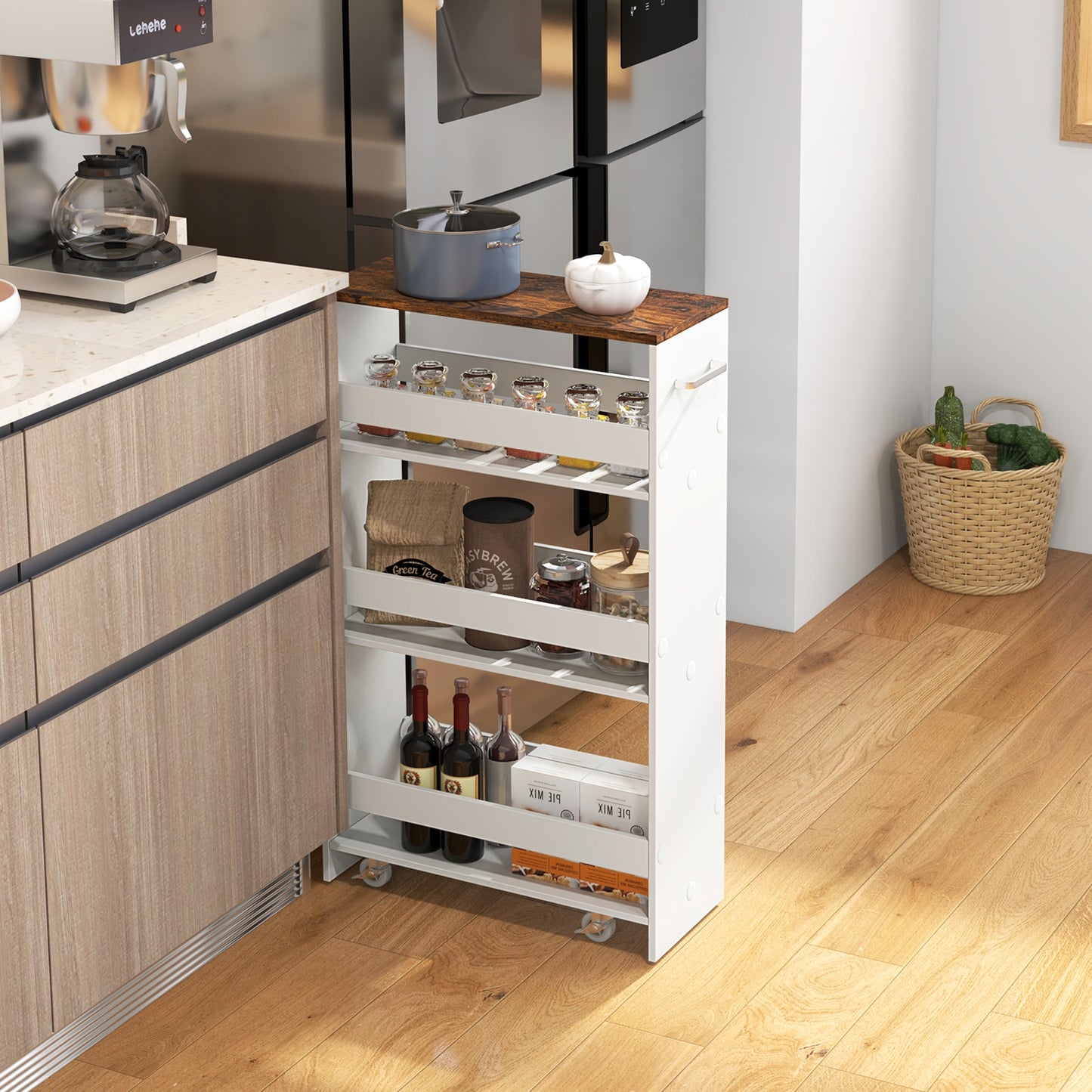 4-Tier Rolling Storage Cart Slim Kitchen Cart on Wheels with Open Shelves and Handle-Rustic Brown & White