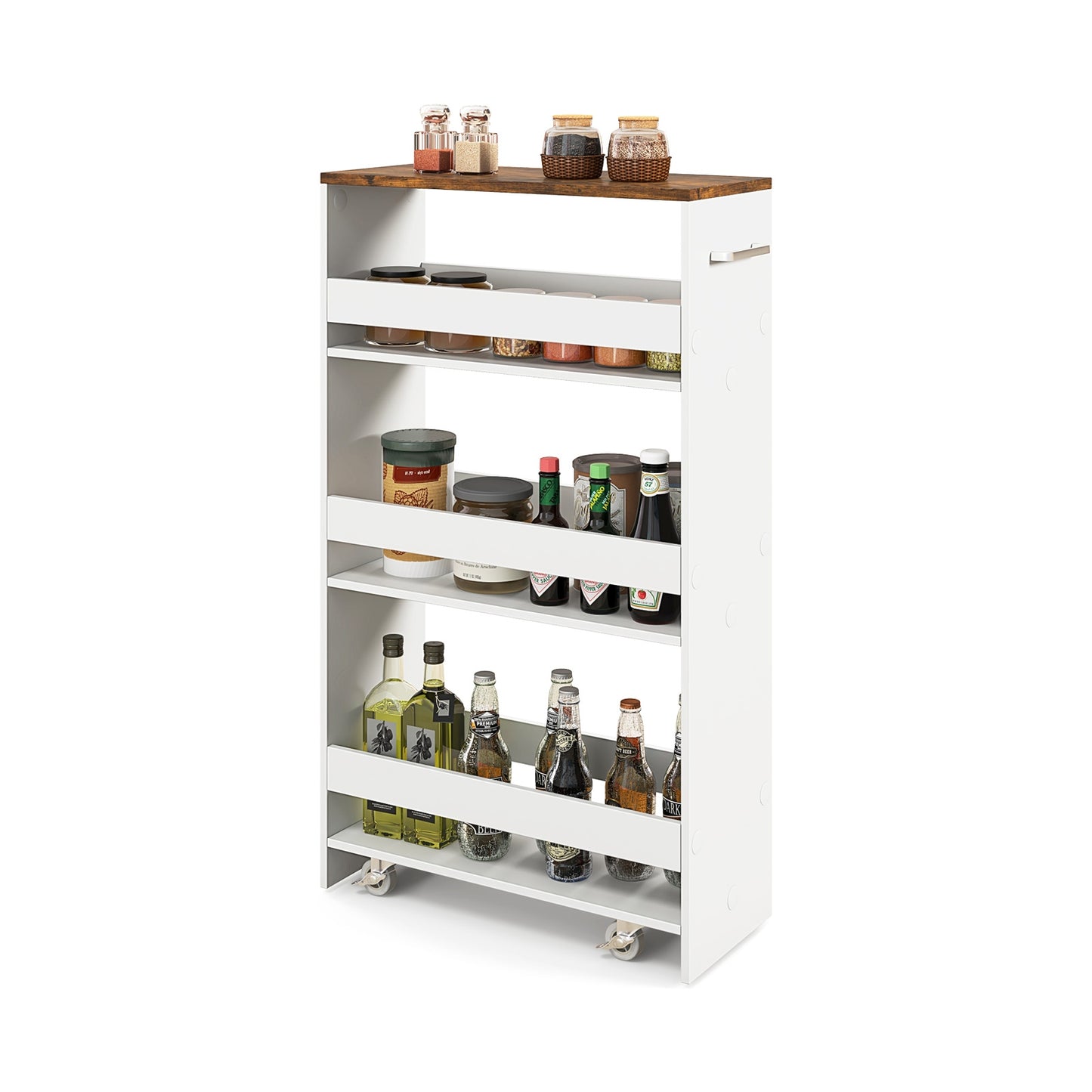 4-Tier Rolling Storage Cart Slim Kitchen Cart on Wheels with Open Shelves and Handle-Rustic Brown & White