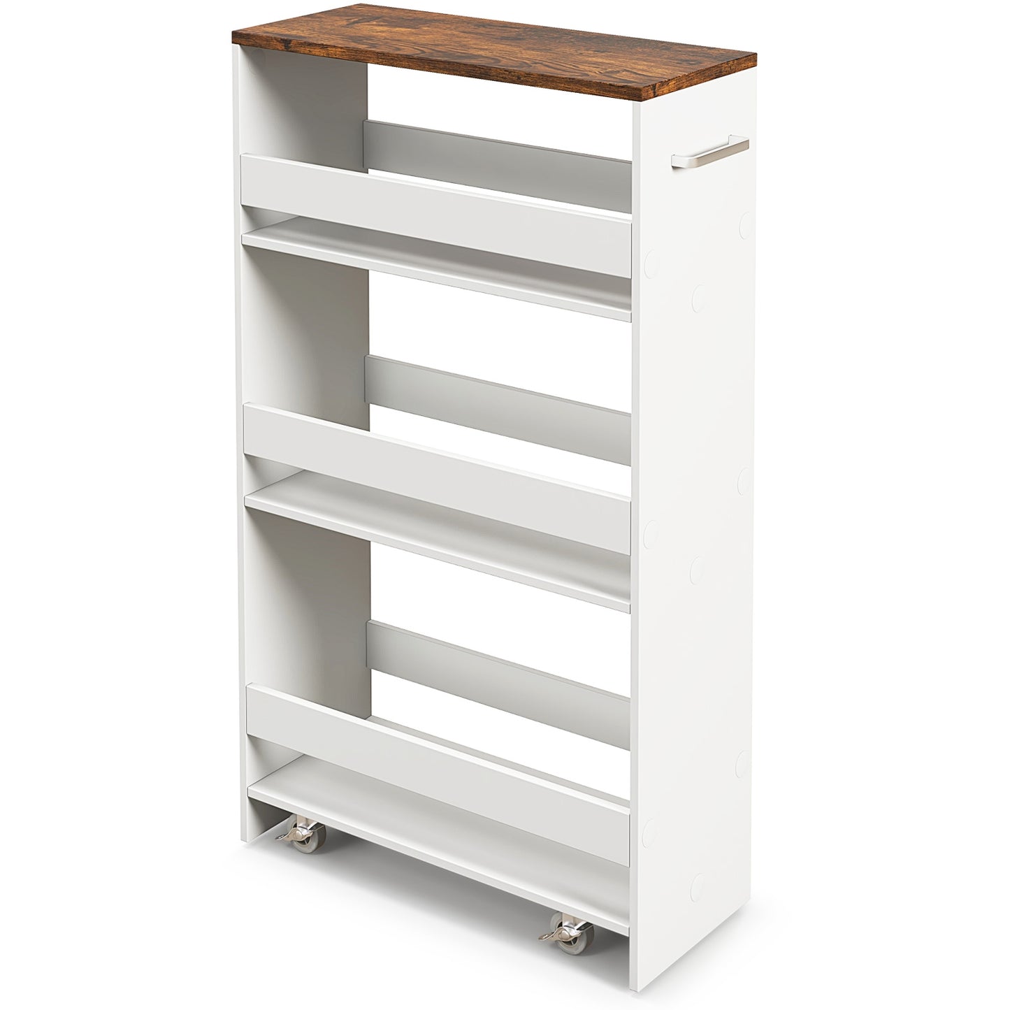 4-Tier Rolling Storage Cart Slim Kitchen Cart on Wheels with Open Shelves and Handle-Rustic Brown & White