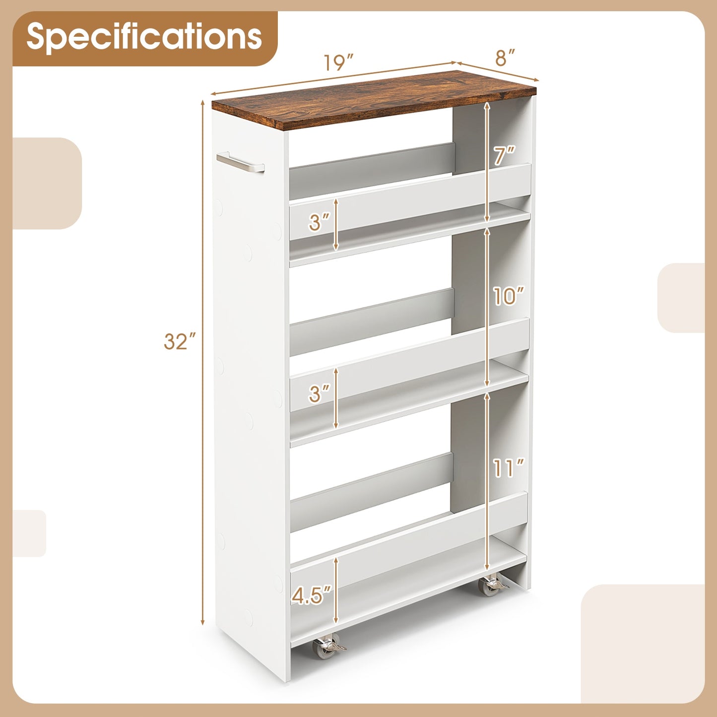 4-Tier Rolling Storage Cart Slim Kitchen Cart on Wheels with Open Shelves and Handle-Rustic Brown & White