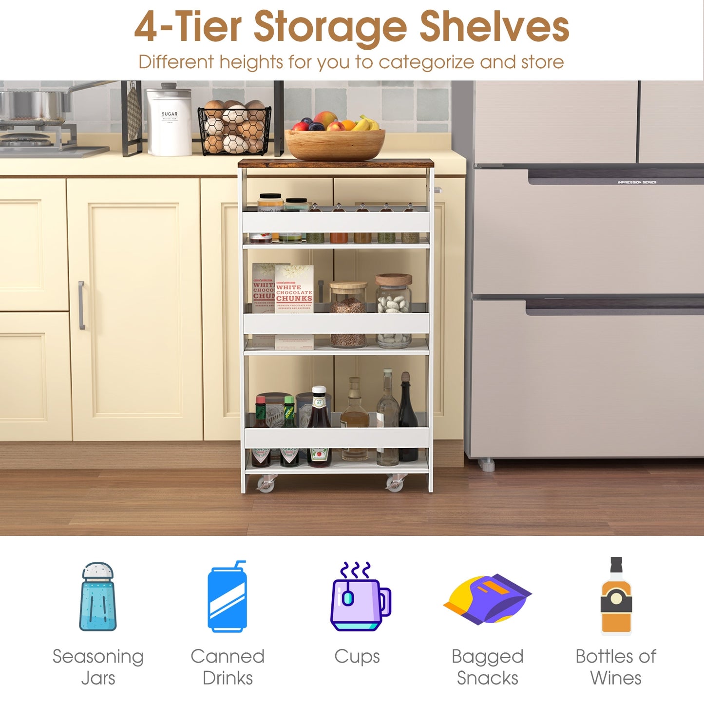 4-Tier Rolling Storage Cart Slim Kitchen Cart on Wheels with Open Shelves and Handle-Rustic Brown & White