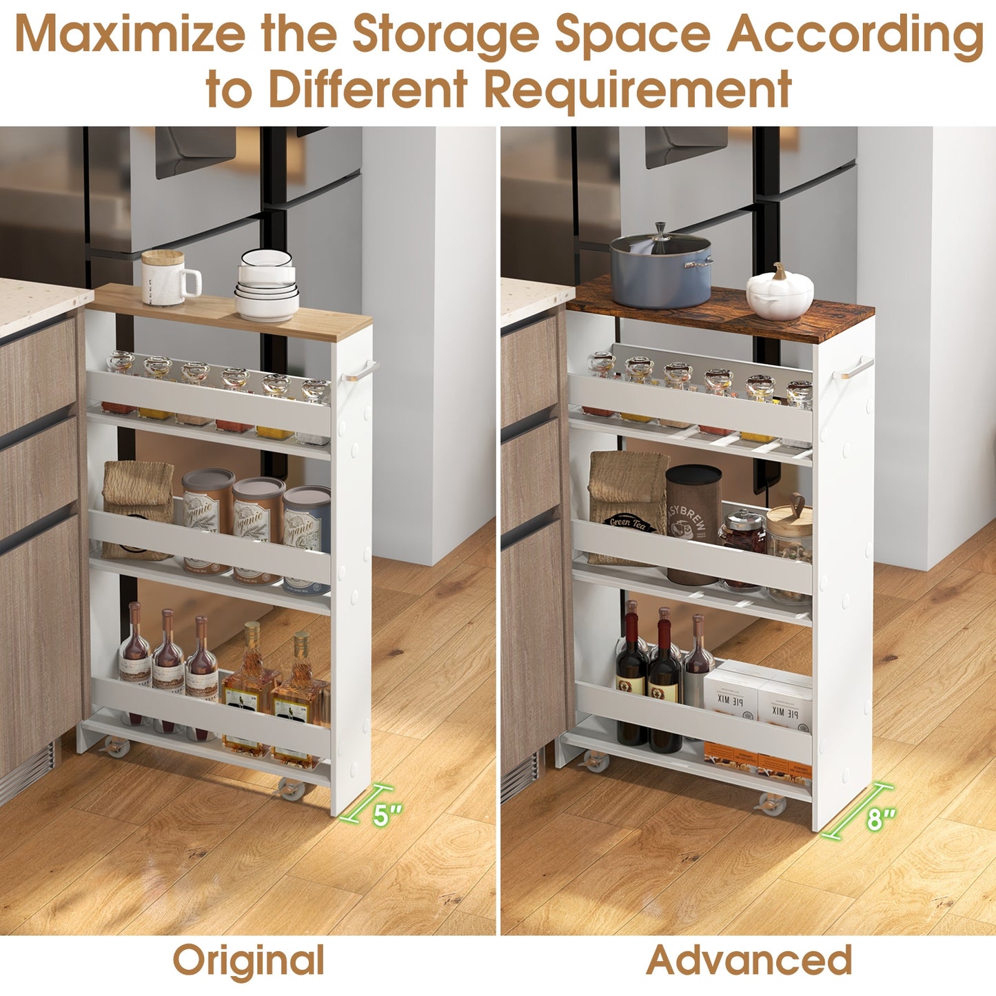 4-Tier Rolling Storage Cart Slim Kitchen Cart on Wheels with Open Shelves and Handle-Rustic Brown & White