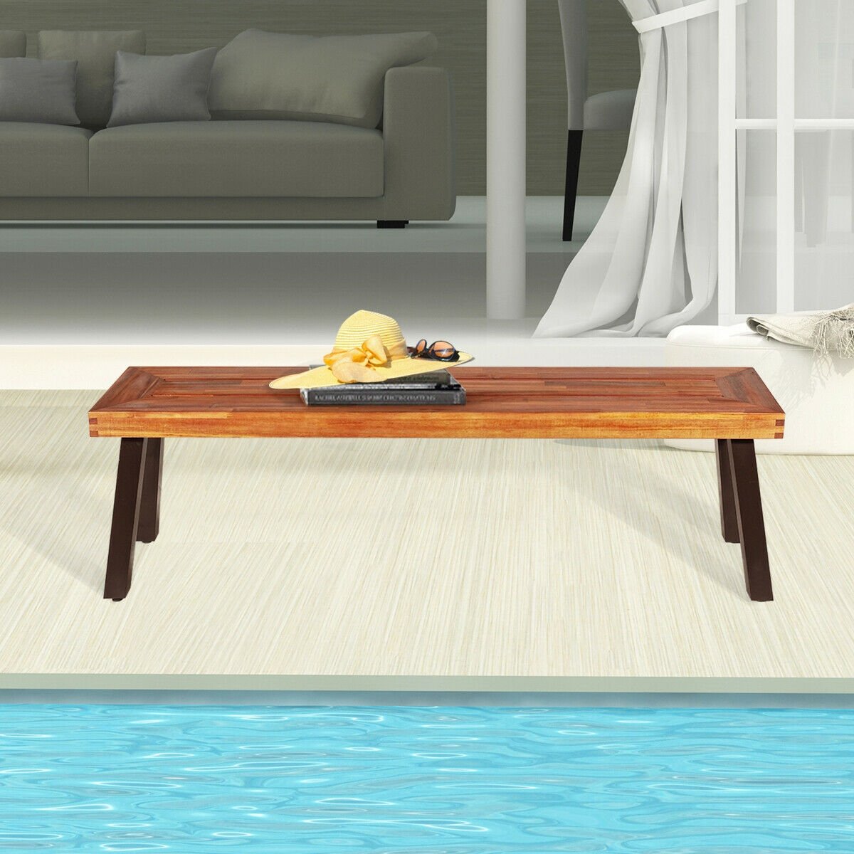 Patio Acacia Wood Dining Bench Seat with Steel Legs (Assembled) [Shipping Damage]