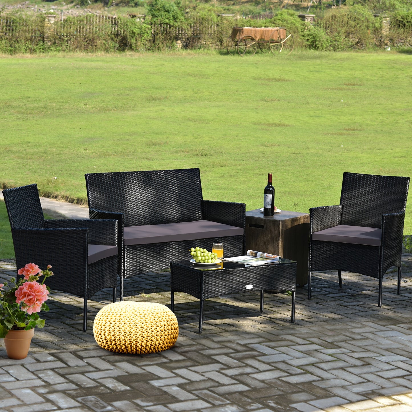 4 Pieces Patio Rattan Cushioned Sofa Set with Tempered Glass Coffee Table-Gray (Fully Assembled)