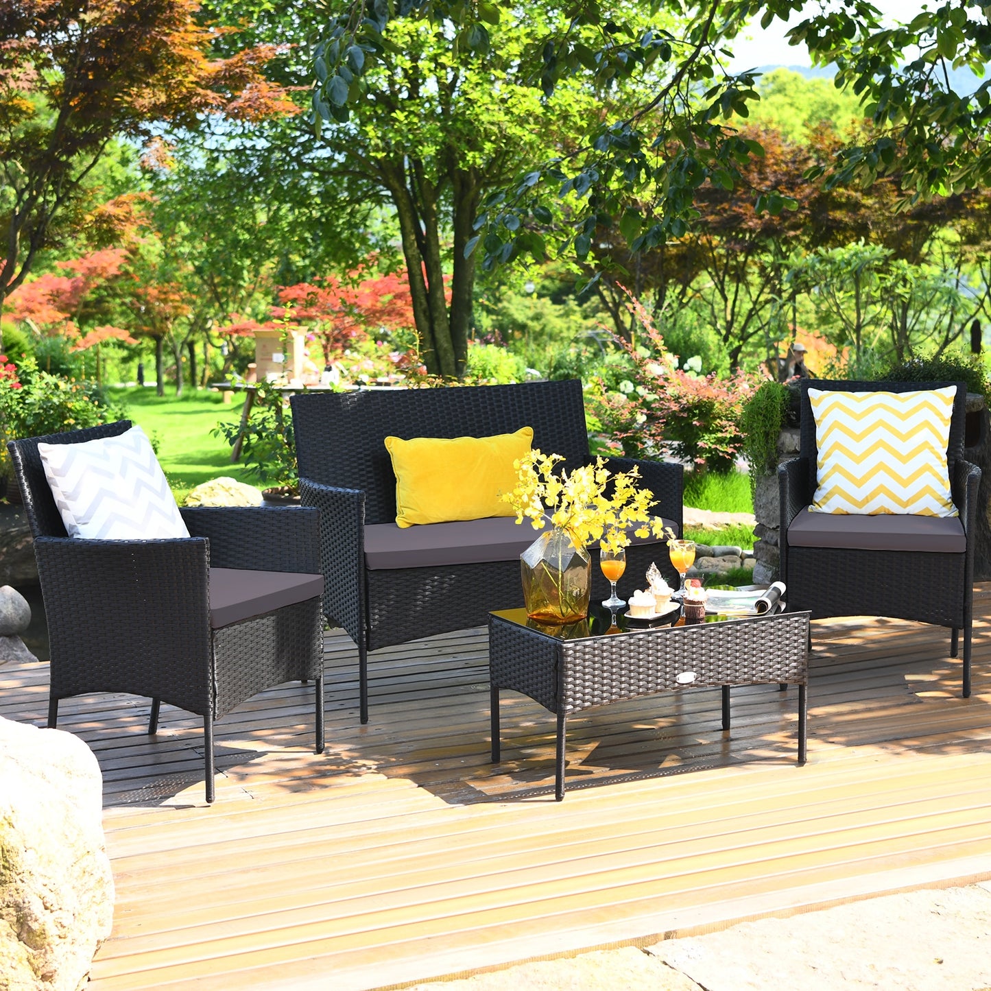4 Pieces Patio Rattan Cushioned Sofa Set with Tempered Glass Coffee Table-Gray (Fully Assembled)
