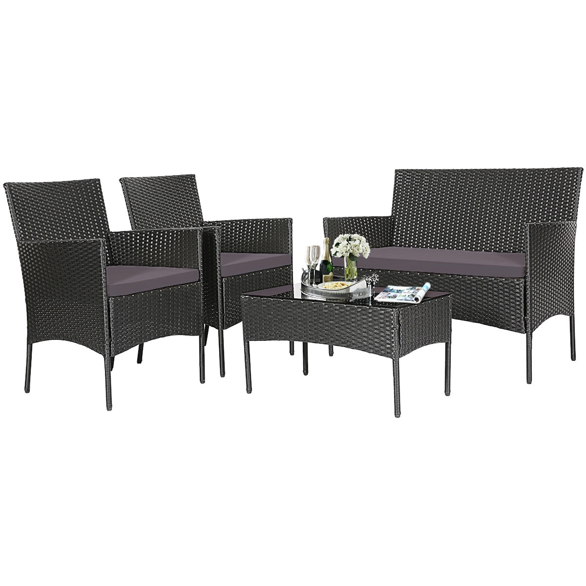 4 Pieces Patio Rattan Cushioned Sofa Set with Tempered Glass Coffee Table-Gray (Fully Assembled)