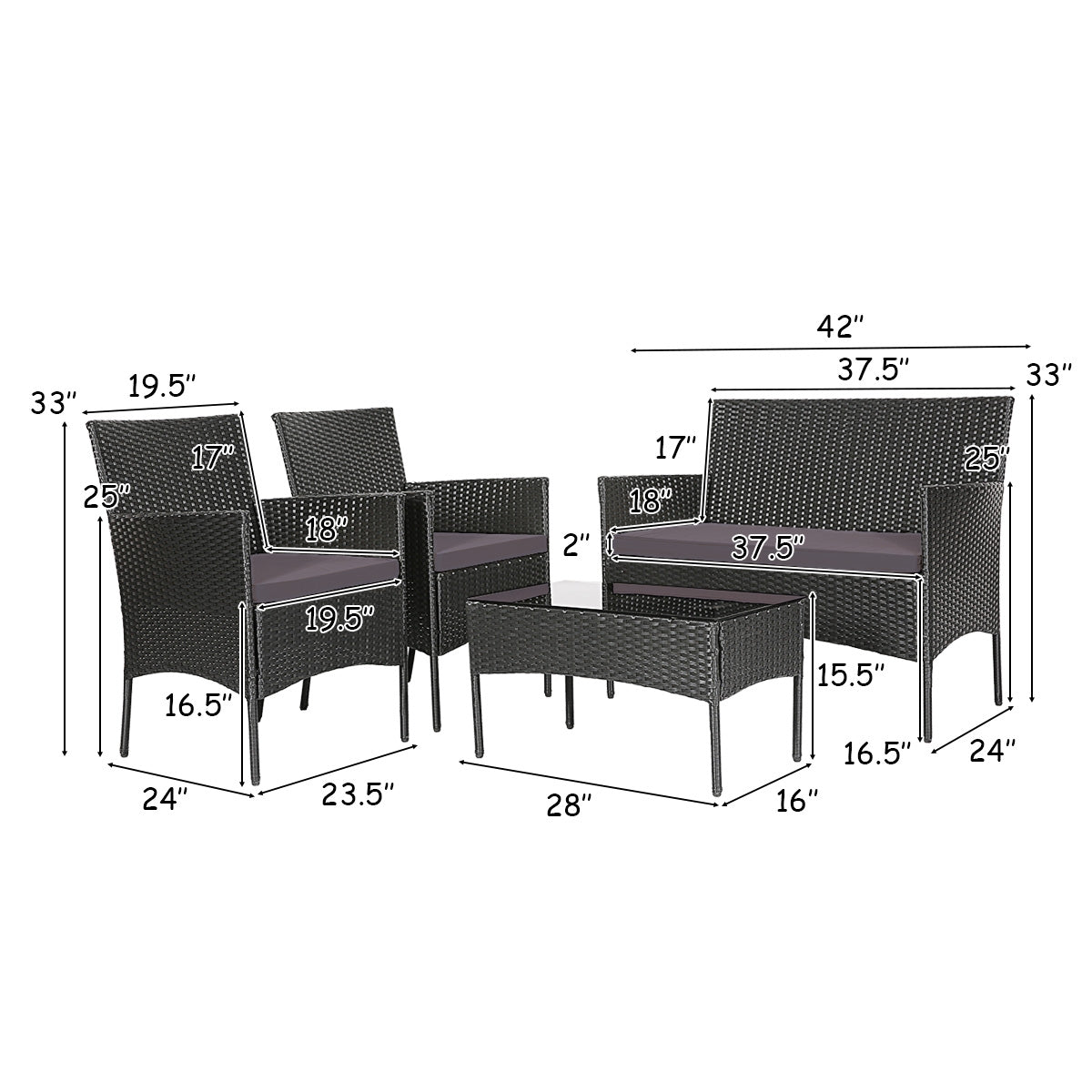 4 Pieces Patio Rattan Cushioned Sofa Set with Tempered Glass Coffee Table-Gray (Fully Assembled)