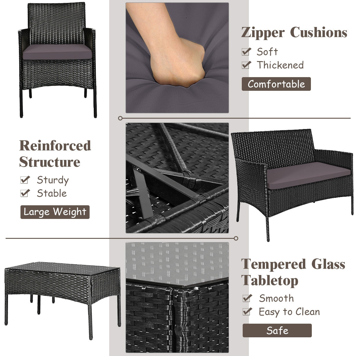 4 Pieces Patio Rattan Cushioned Sofa Set with Tempered Glass Coffee Table-Gray (Fully Assembled)