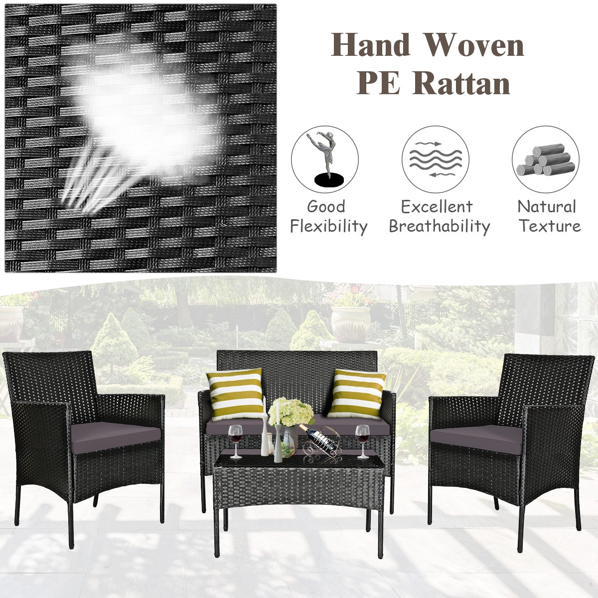 4 Pieces Patio Rattan Cushioned Sofa Set with Tempered Glass Coffee Table-Gray (Fully Assembled)