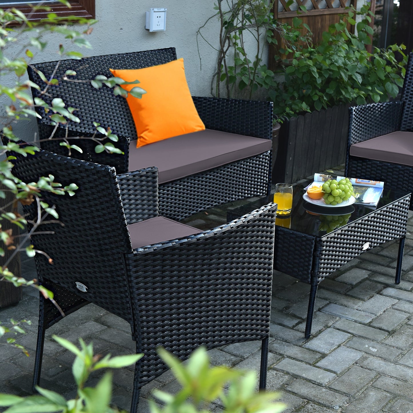 4 Pieces Patio Rattan Cushioned Sofa Set with Tempered Glass Coffee Table-Gray (Fully Assembled)