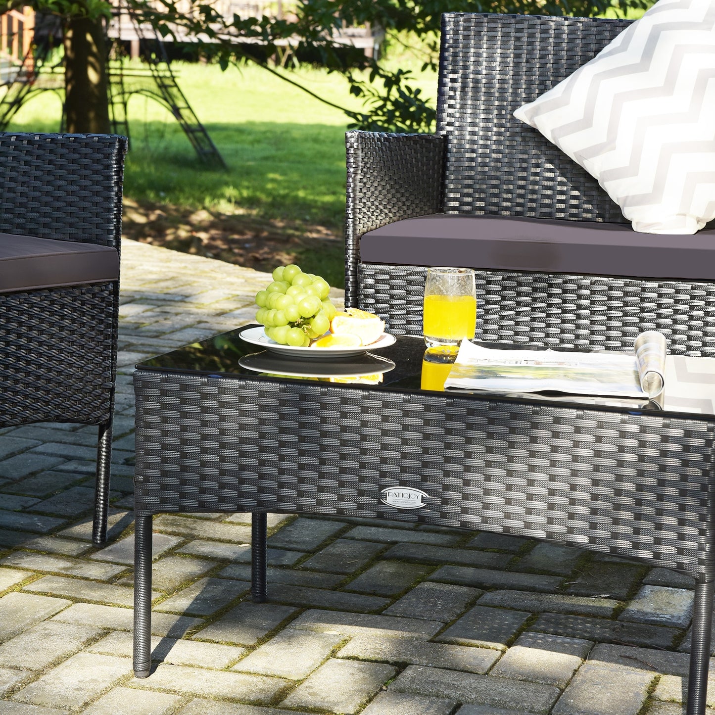 4 Pieces Patio Rattan Cushioned Sofa Set with Tempered Glass Coffee Table-Gray (Fully Assembled)