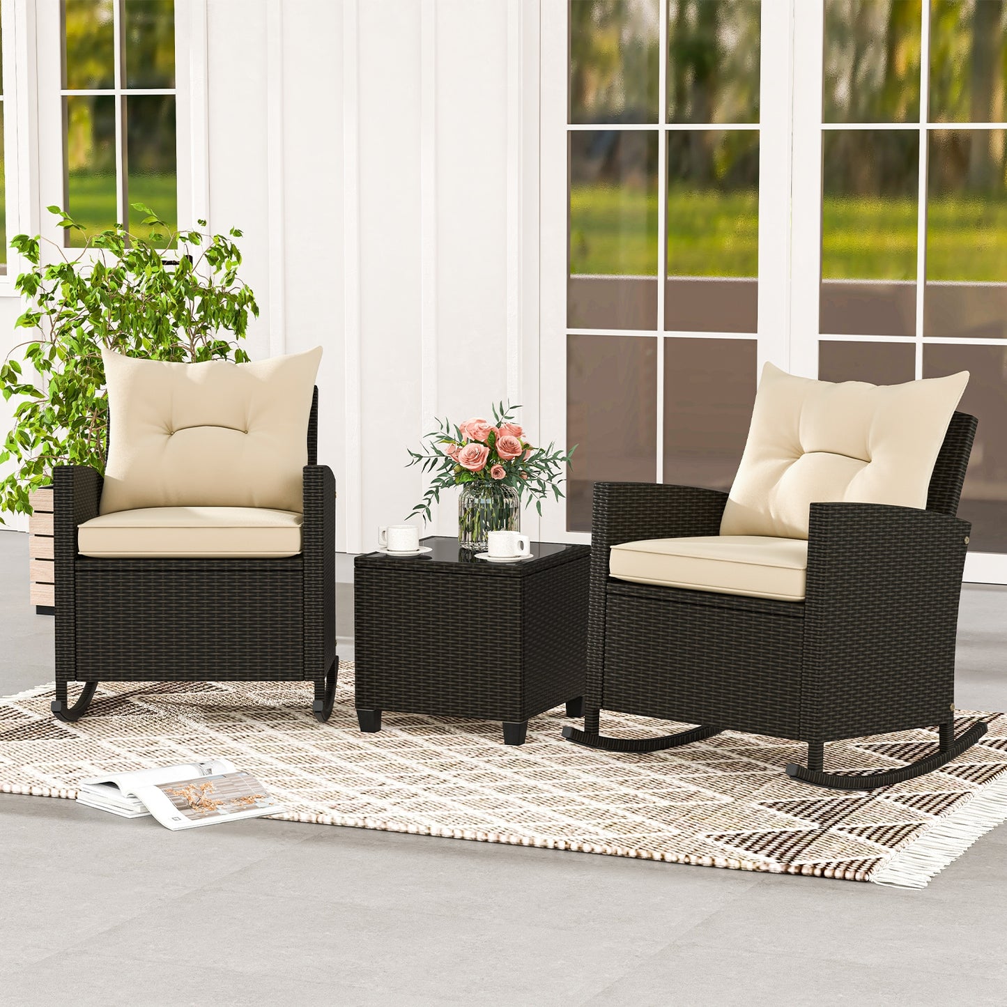 3 piece Patio Rattan Rocker Chairs with Tempered Glass Table -Beige (Fully Assembled)