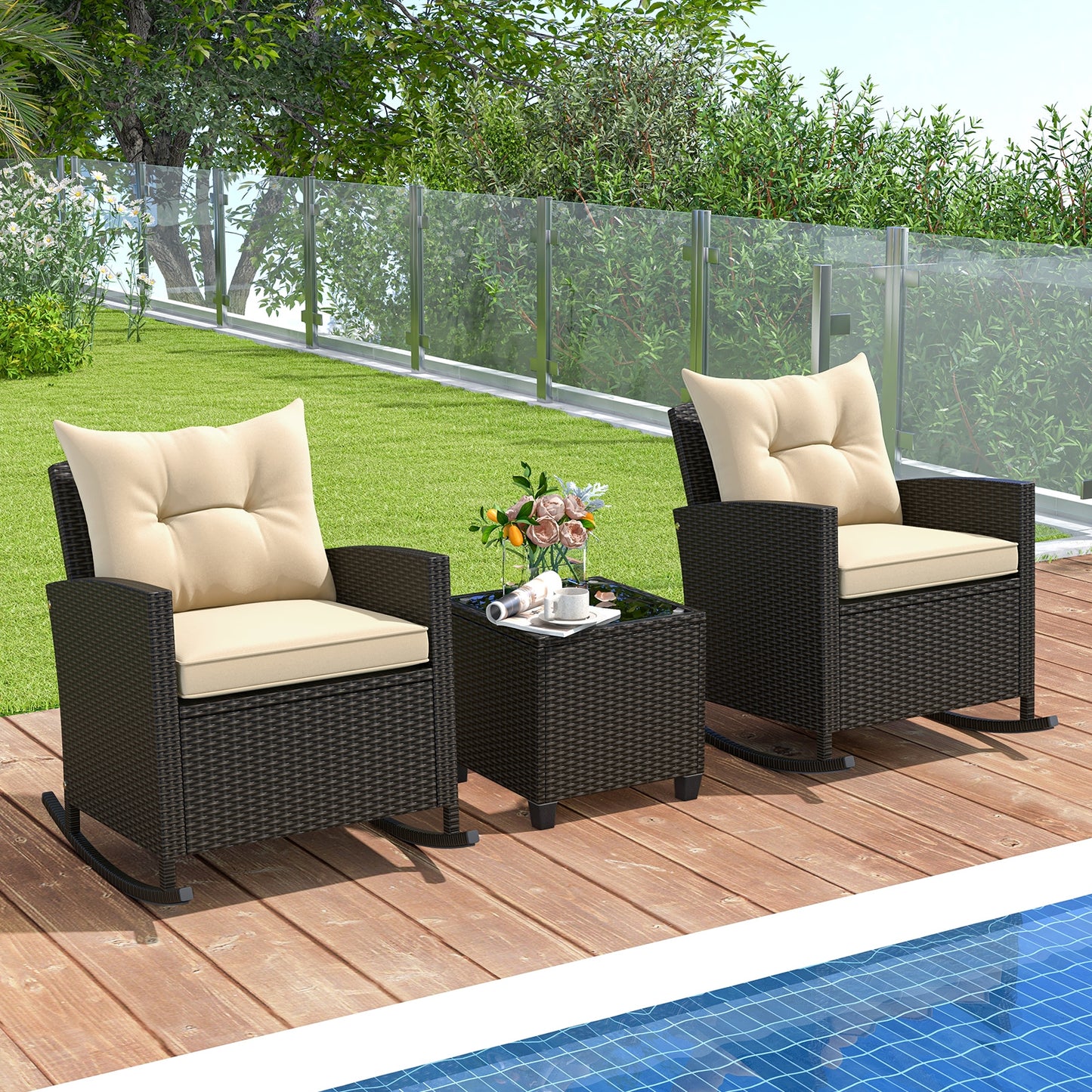 3 piece Patio Rattan Rocker Chairs with Tempered Glass Table -Beige (Fully Assembled)