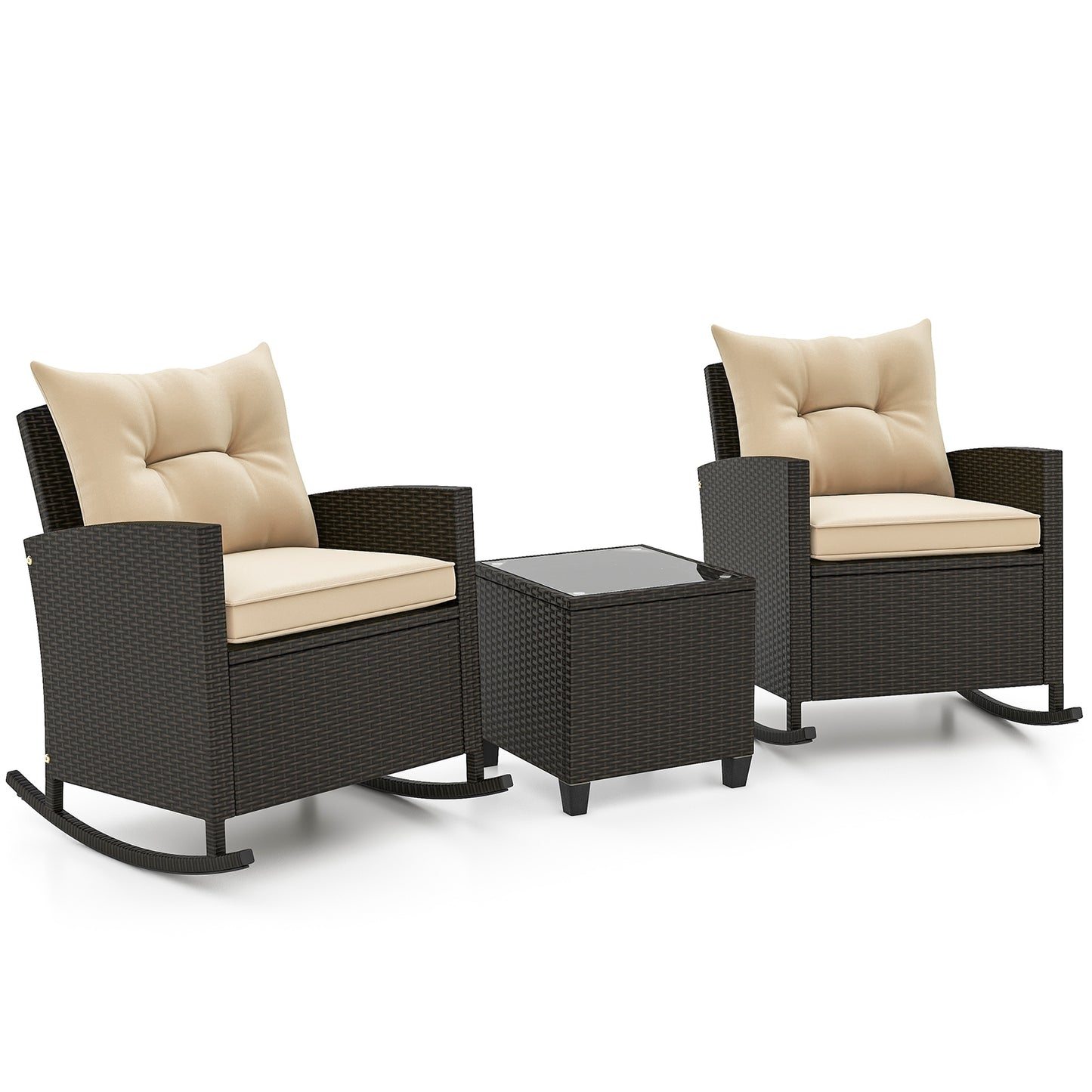 3 piece Patio Rattan Rocker Chairs with Tempered Glass Table -Beige (Fully Assembled)