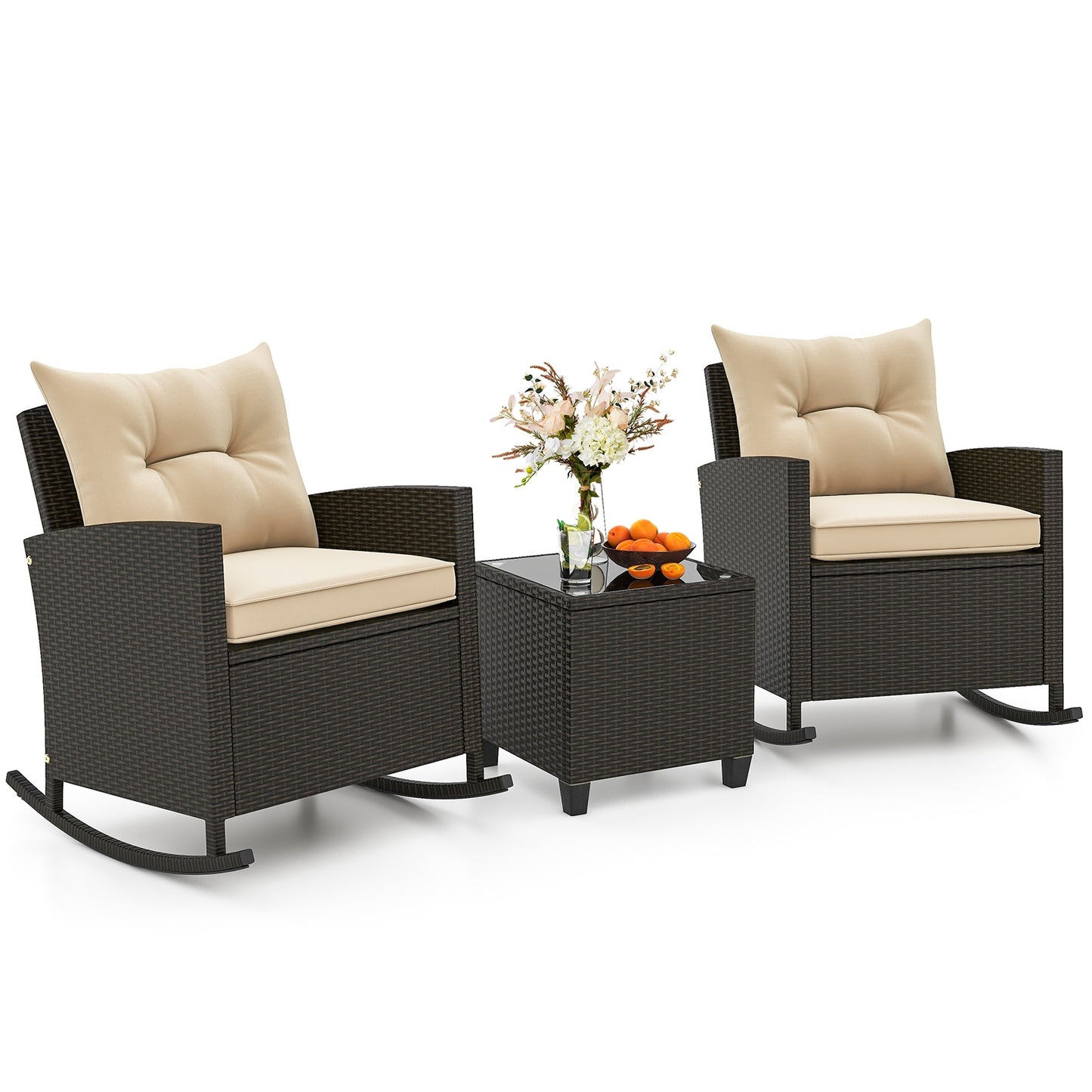 3 piece Patio Rattan Rocker Chairs with Tempered Glass Table -Beige (Fully Assembled)
