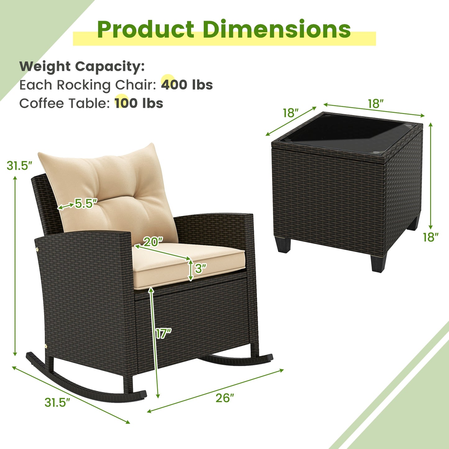 3 piece Patio Rattan Rocker Chairs with Tempered Glass Table -Beige (Fully Assembled)