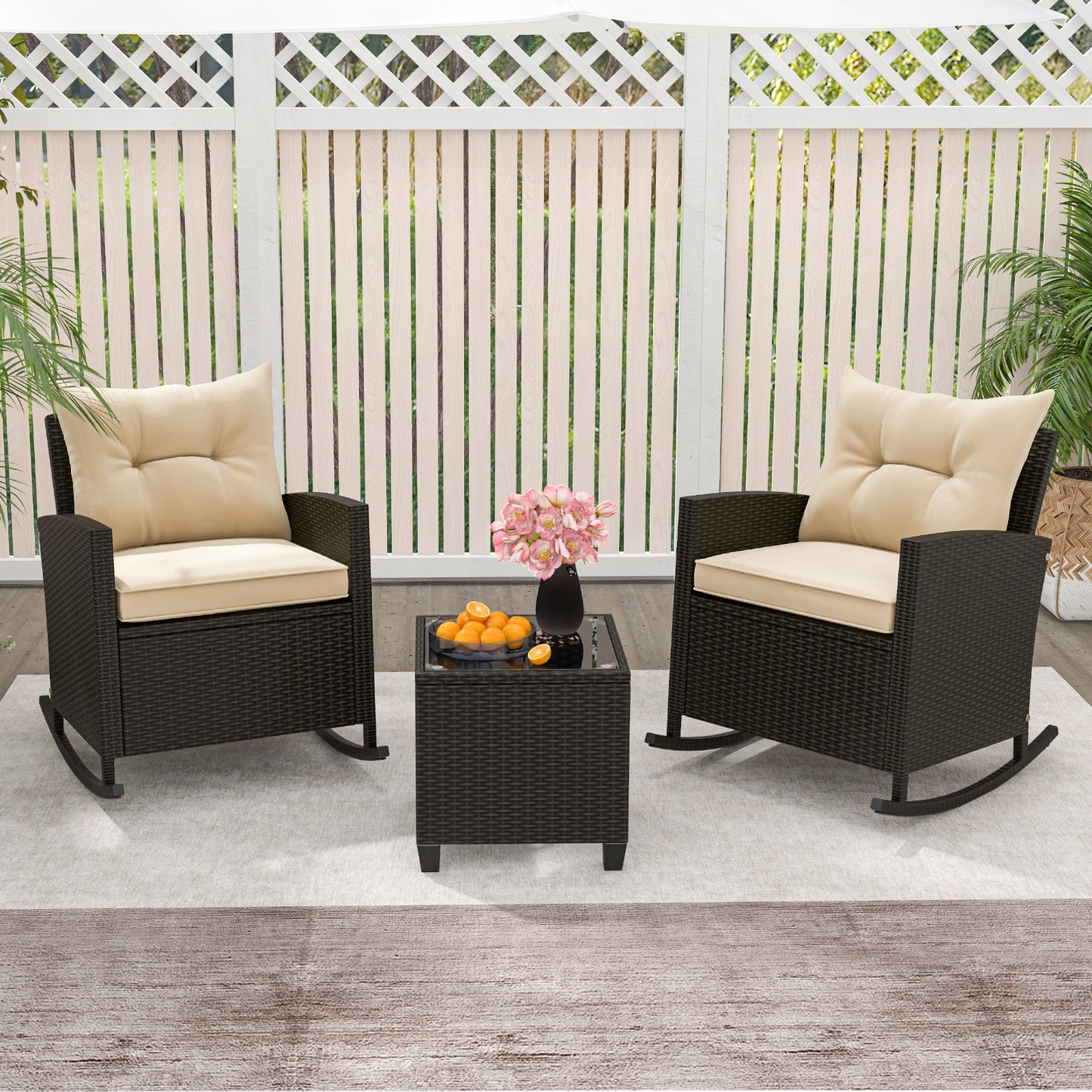 3 piece Patio Rattan Rocker Chairs with Tempered Glass Table -Beige (Fully Assembled)