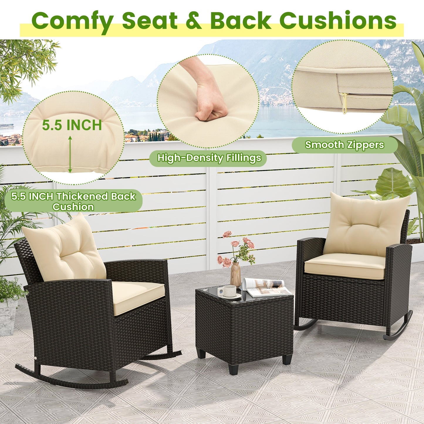 3 piece Patio Rattan Rocker Chairs with Tempered Glass Table -Beige (Fully Assembled)