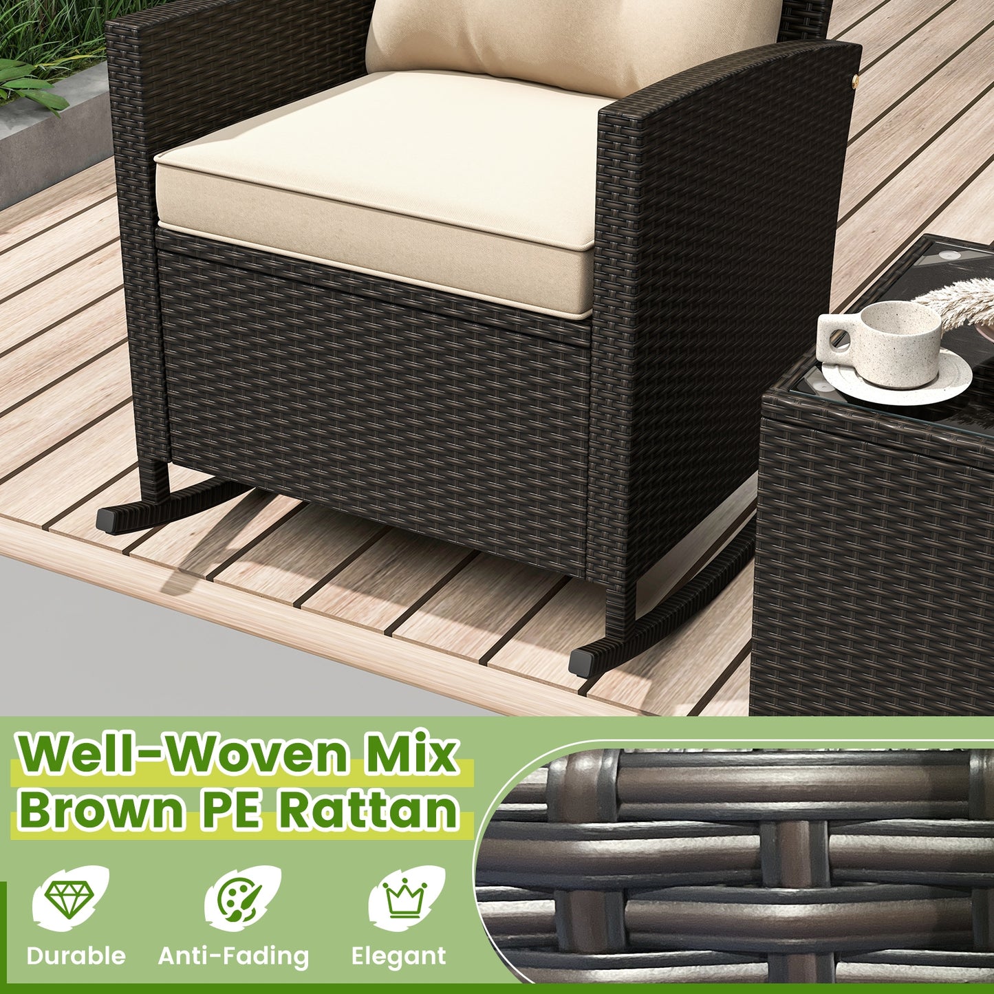 3 piece Patio Rattan Rocker Chairs with Tempered Glass Table -Beige (Fully Assembled)