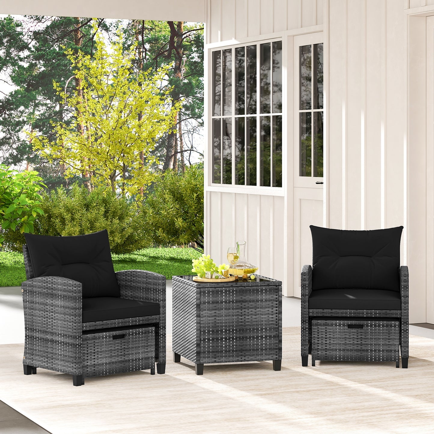 5 Piece Patio Rattan Furniture with 2 Ottomans and Tempered Glass Coffee Table-Black, fully assembled