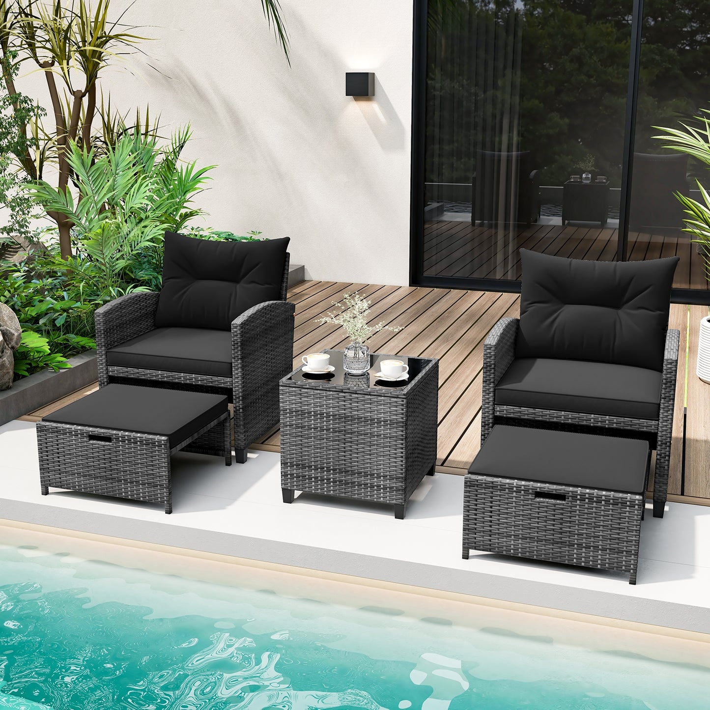 5 Piece Patio Rattan Furniture with 2 Ottomans and Tempered Glass Coffee Table-Black, fully assembled