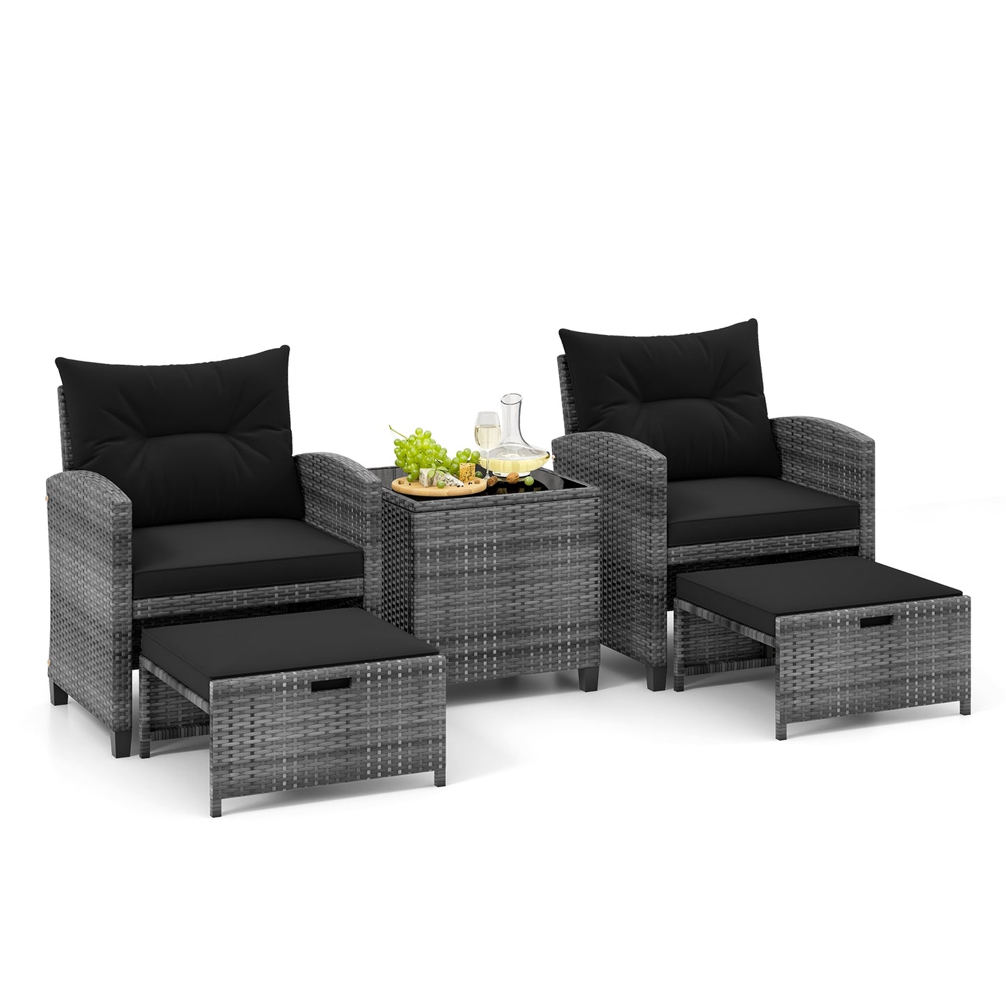 5 Piece Patio Rattan Furniture with 2 Ottomans and Tempered Glass Coffee Table-Black, fully assembled