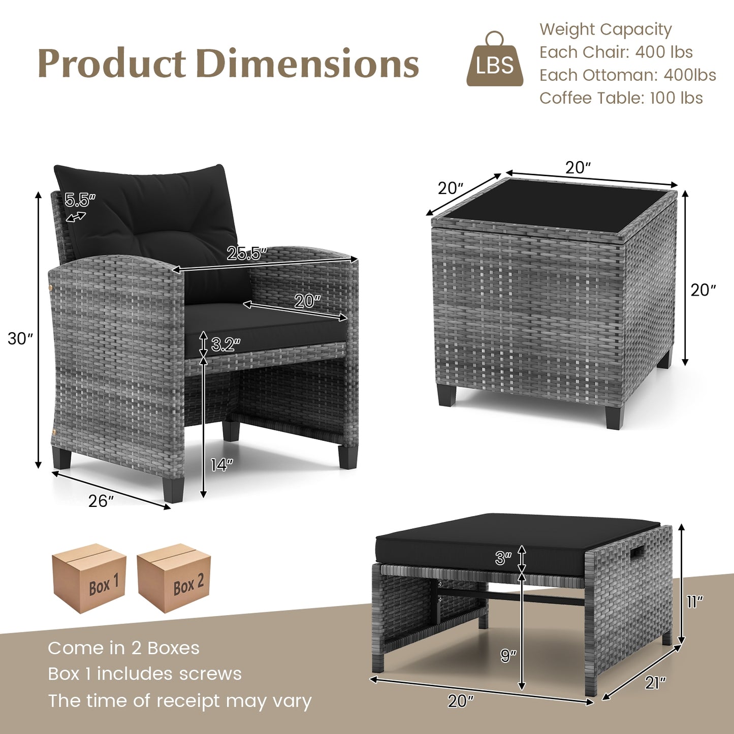 5 Piece Patio Rattan Furniture with 2 Ottomans and Tempered Glass Coffee Table-Black, fully assembled